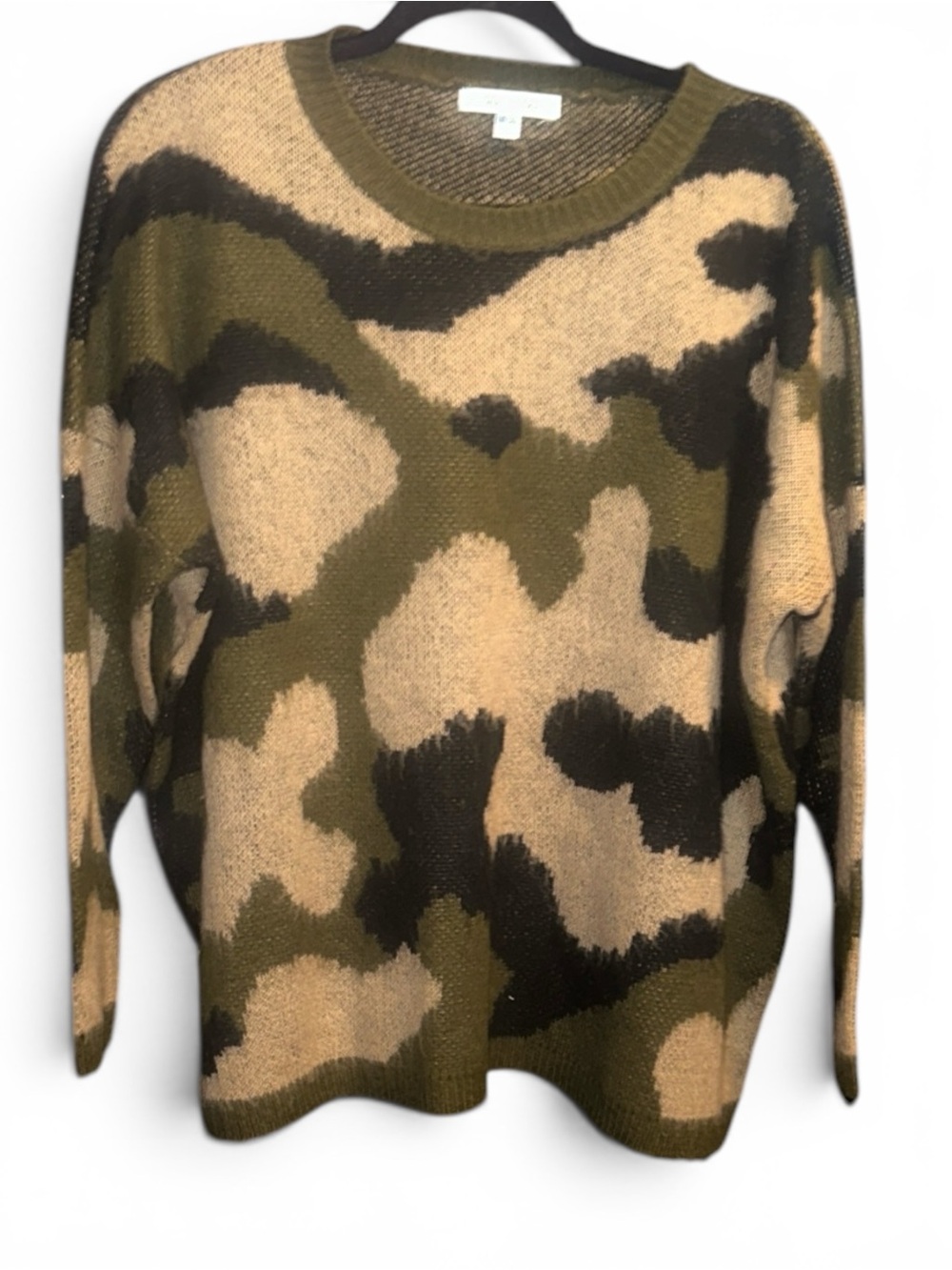 She + Sky Olive and Beige Camouflage Sweater One Size